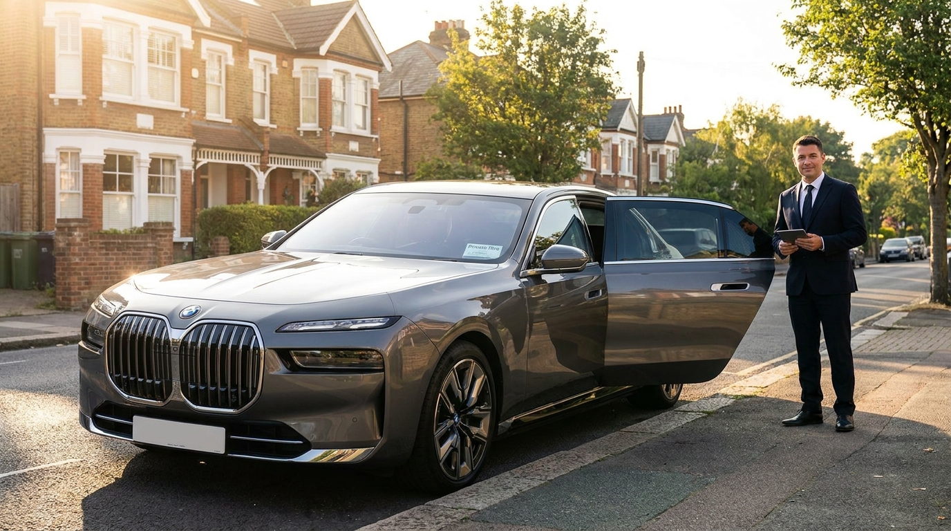 A professional chauffeur in a suit beside a luxury BMW sedan on a residential street at golden hour