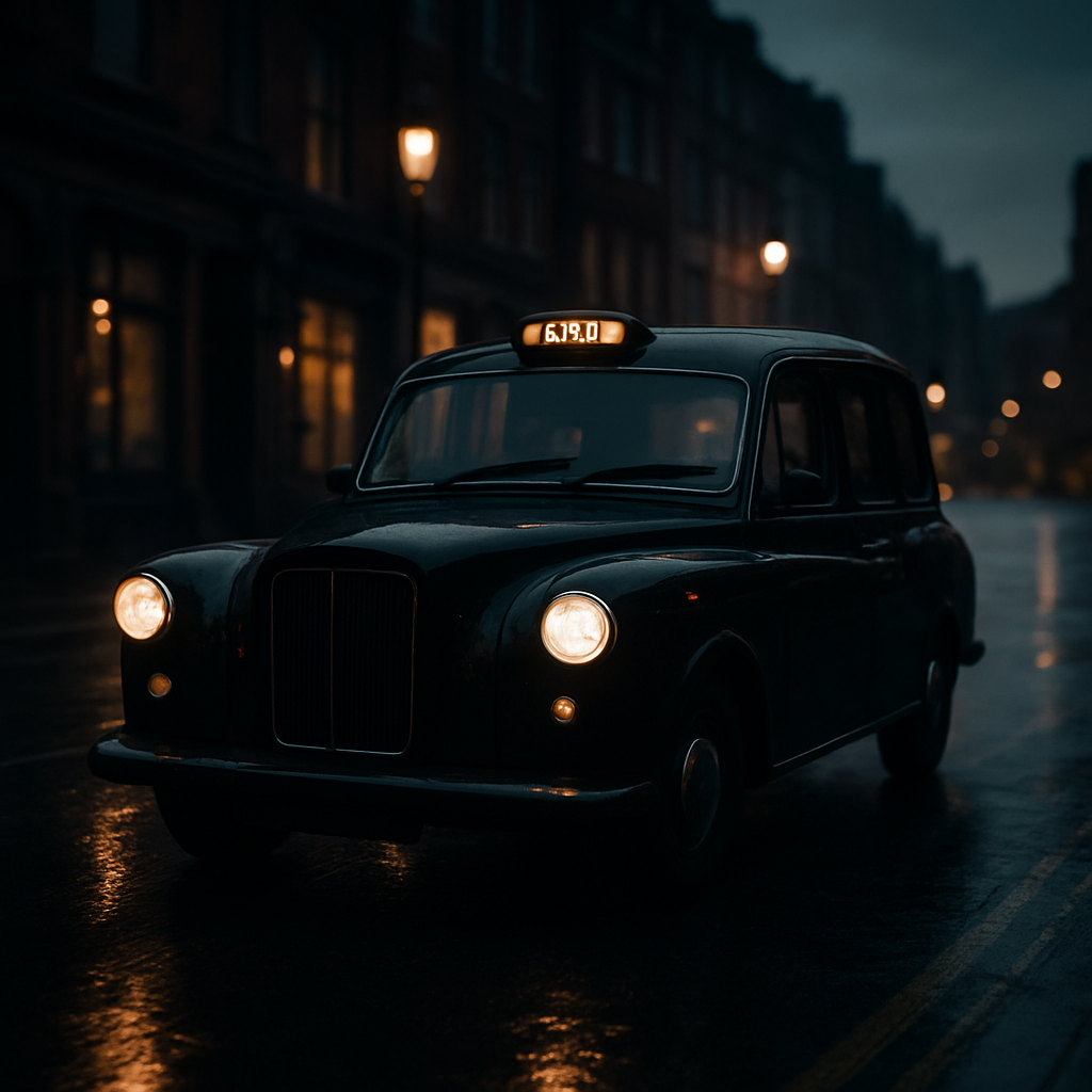A black London taxi on a wet city street at dusk